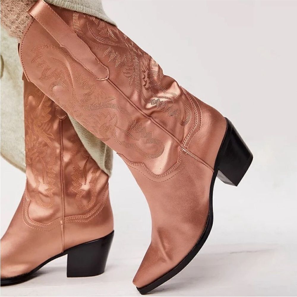 Free People Jeffrey Campbell Dagget Rose Gold Satin Cowboy Boots | Size 6.5 - Picture 1 of 11